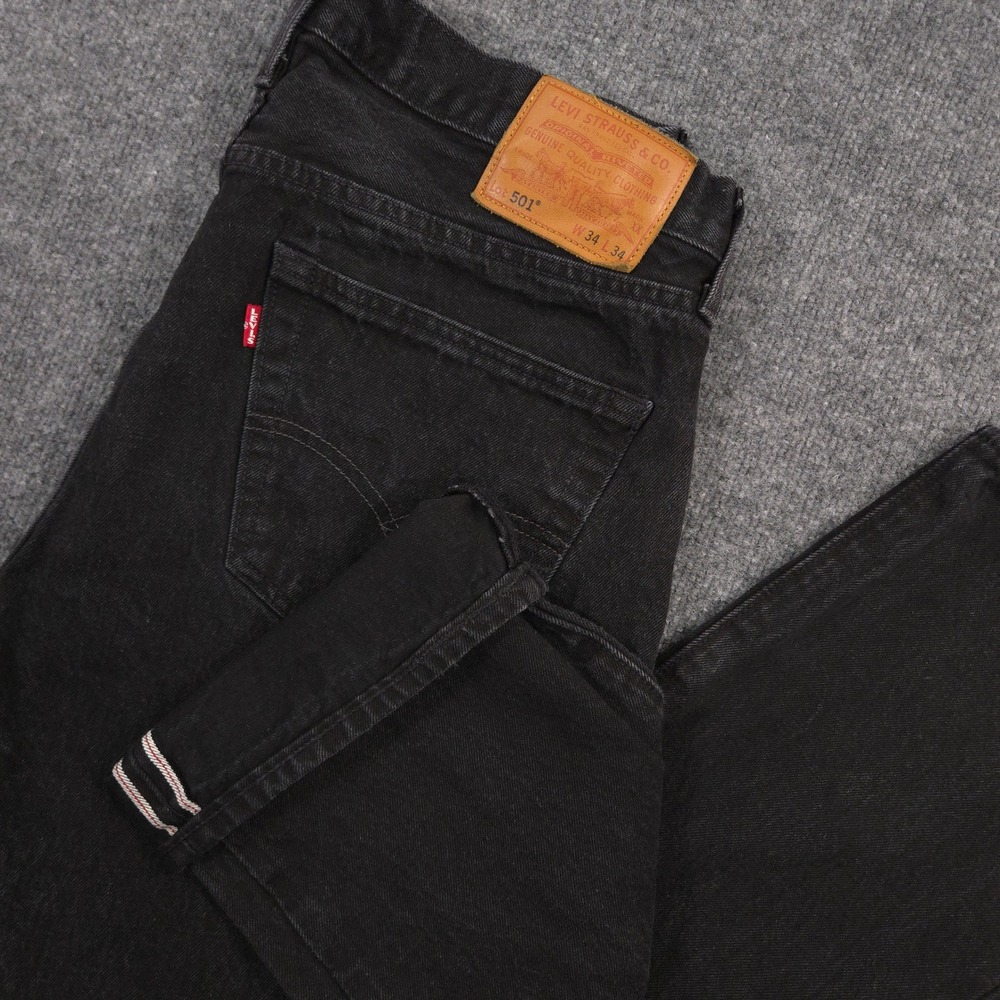 Levis Jeans Mens 34X31* Black 501 Straight Premium Big E Selvedge Hemp Blend